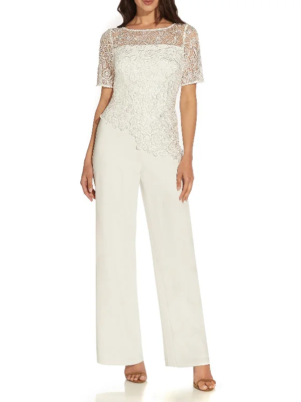 Petites Womens Lace Crepe Jumpsuit