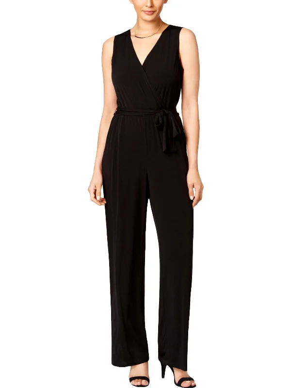 Petites Womens Matte Jersey V-Neck Jumpsuit