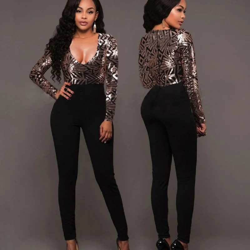 Sexy V Neck Jumpsuit Women Long Sleeve Sequin Rompers Jumpsuits Autumn