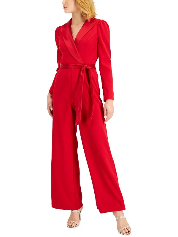 Womens Notched-Collar Belted Jumpsuit